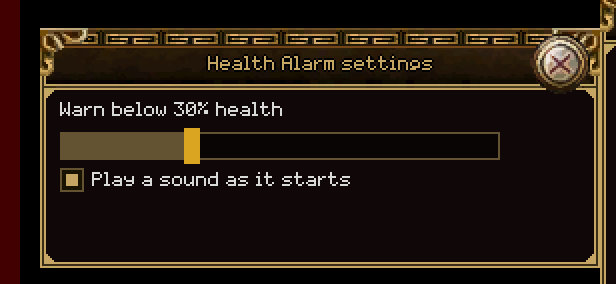 A red band down the left edge of the screen beside the Health Alarm settings: a slider set to 30 per cent and a ticked sound box
