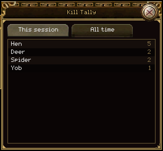 The Kill Tally window: tabs for This session and All time over a list of monster names and counts