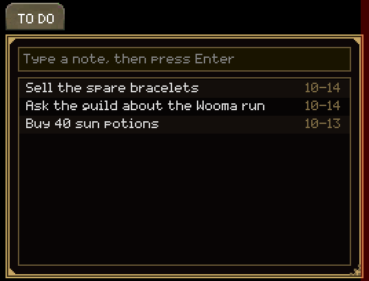 A To do tab torn out into its own window: a text field over a list of three notes with their dates