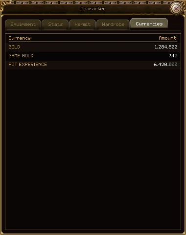 The Currencies tab: Gold 1,284,500, Game Gold 340 and Pot Experience 6,420,000.