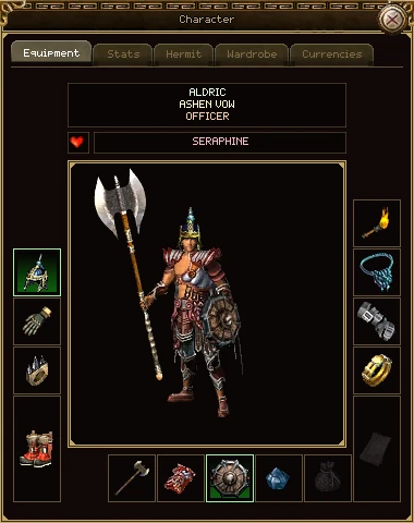 The Equipment tab: a level 42 warrior's name, guild and rank at the top, a heart and his wife's name under it, the warrior in the middle holding a great axe and a shield, and fourteen slots round him.