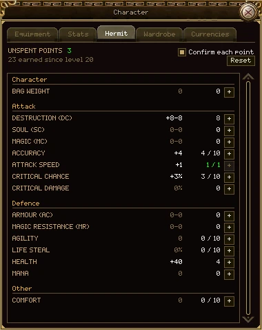 The Hermit tab: 3 unspent points and 23 earned since level 20, a Confirm each point box and a Reset button, then fifteen options under Character, Attack, Defence and Other, each with what it gives, how many points are in it and a plus button.