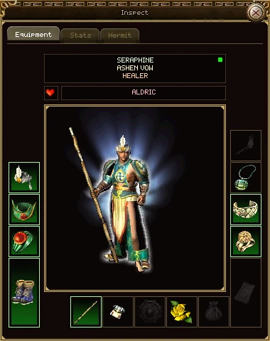 The Inspect window on a level 39 taoist: her name, guild and the rank Healer at the top with a small green light, her husband's name under it, and her figure in a glowing robe holding a staff among her equipment slots.