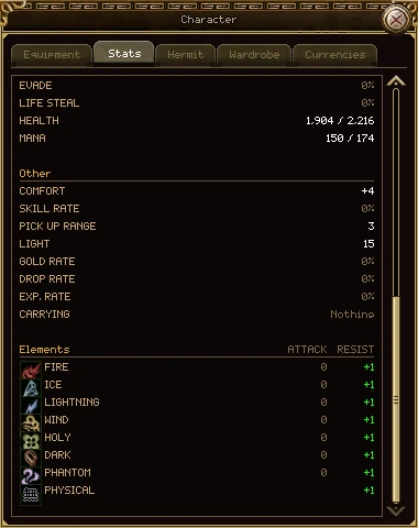 The Stats tab scrolled down: the end of Defence, then Other (comfort, skill rate, pick up range, light, gold, drop and experience rates, carrying) and Elements, with an attack and resist column for each of eight elements.