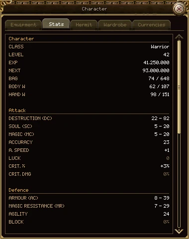 The Stats tab, top half: Character (class, level, experience, next, bag, body and hand weight), Attack (destruction, soul, magic, accuracy, attack speed, luck, critical chance and damage) and the start of Defence.