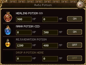 The Auto Potion window with four rows: Healing Potion (V) drinking below 900 health, on; Mana Potion (III) below 300 mana, on; Rejuvenation Potion below 1200 health and 400 mana, switched off; and an empty row that says drop a potion here.