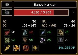 The monster box for a level 80 Banyo Warrior: its health bar at 4,120 of 5,650, AC 30, MR 60, DC 150 to 165, accuracy and agility 30 and 24, its resistance to each element, four marks for speed, taming and undead, and 146,250 experience.