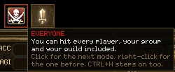 The attack mode icon showing a skull over crossed swords in a red-edged slot, with its tooltip: Everyone. You can hit every player, your group and your guild included.