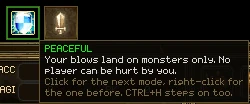The attack mode icon showing a blue shield in a green-edged slot, with its tooltip: Peaceful. Your blows land on monsters only. No player can be hurt by you.