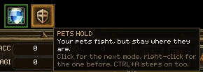 The pet mode icon beside the attack mode icon, with its tooltip: Pets hold. Your pets fight, but stay where they are.
