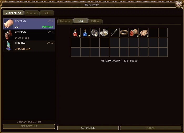 The Companions tab on its Bag tab: a grid of thirty cells holding healing and mana potions, two ores, a bronze sword, a copper ring and two kinds of meat, with the line 49/280 weight, 8/14 slots under it.