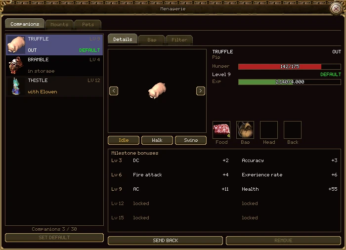 The menagerie on its Companions tab. On the left, three companions: Truffle the pig, out and the default, Bramble the panda in storage, and Thistle the rabbit with another character. On the right, Truffle turning in a preview box, its hunger and experience bars, its food and bag slots filled, and its milestone bonuses for levels 3, 6 and 9, with 12 and 15 still locked.