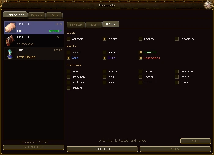 The Filter tab: Wizard ticked under Class, Superior, Rare, Elite and Legendary ticked under Rarity, nothing ticked under Item type, and a Save button.