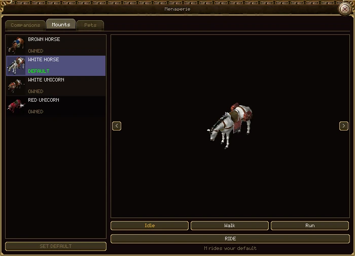 The menagerie on its Mounts tab: four horses down the left, Brown Horse, White Horse marked Default, White Unicorn and Red Unicorn; a white horse standing in a large preview box with turn arrows, Idle, Walk and Run buttons, a Ride button, and the line M rides your default.