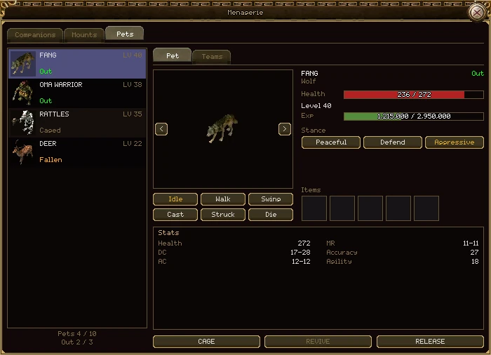 The menagerie on its Pets tab. On the left, four pets: Fang the wolf and an Oma Warrior, both out, Rattles the skeleton caged, and a deer fallen, with Pets 4 / 10 and Out 2 / 3 under the list. On the right, Fang in a preview box with six pose buttons, its health and experience bars, the Peaceful, Defend and Aggressive stance buttons with Aggressive lit, five empty item slots, and its stats.