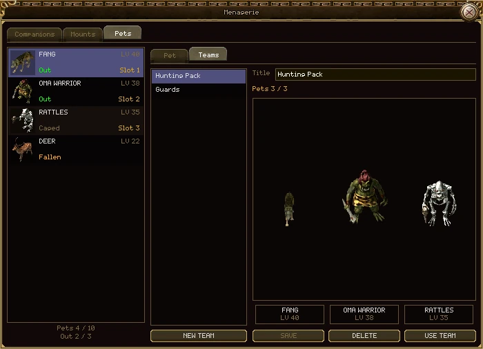 The Pets tab on its Teams tab: two teams, Hunting Pack and Guards, down the side; the title Hunting Pack, Pets 3 / 3, and a box with the wolf, the Oma Warrior and the skeleton standing in a row, each named in a slot under it; New team, Save, Delete and Use team buttons.