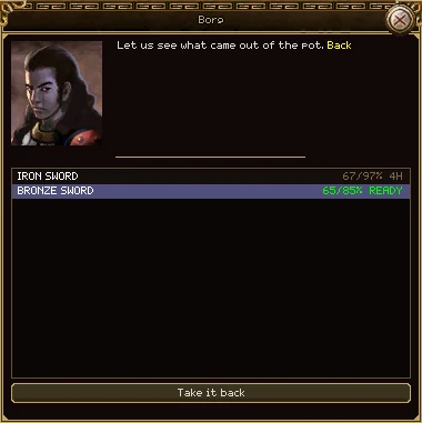 Borg's collecting counter: Iron Sword at 67/97% with 4H left, and Bronze Sword selected at 65/85% READY in green, over a Take it back button.
