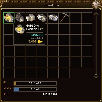 The bag holding gold, copper, iron, silver and black iron ore and a pick axe, with a tooltip over the gold ore: Gold Ore, Common Ore, Purity 21, Weight 4, 3,000 gold.
