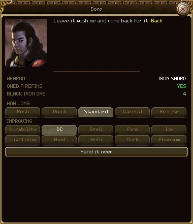 Borg's refining counter: Weapon Iron Sword, Owed a refine Yes, Black iron ore 4, a row of five wait buttons from Rush to Precise with Standard chosen, ten stat buttons from Durability to Phantom with DC chosen, and a Hand it over button.