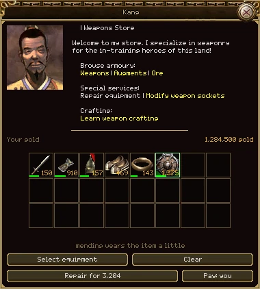 Mr. Kang's repair counter: Your gold 1,284,500 at the top, a grid of eight by three cells holding a sword, armour, helmet, shoes, a ring and a shield, each with its cost in its corner. Under it the line mending wears the item a little, Select equipment and Clear buttons, Repair for 3,204, and a Pay: you toggle.