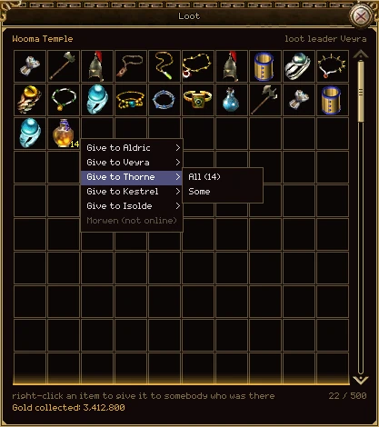 The Loot window for Wooma Temple, loot leader Veyra: a ten-wide grid holding armour, axes, helmets, necklaces, bracelets, rings and a stack of 14 potions; a menu opened on the potions lists Give to Aldric, Veyra, Thorne, Kestrel and Isolde, with Morwen greyed as not online, and beside Give to Thorne a second menu offers All (14) and Some. Under the grid, 22 / 500 and Gold collected: 3,412,800.