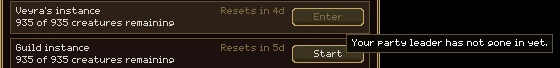 The pointer over the greyed Enter on Veyra's instance, with the tooltip: Your party leader has not gone in yet.