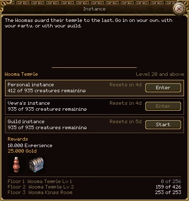 The Instance stone's window for Wooma Temple, Level 20 and above: Personal instance, 412 of 935 creatures remaining, resets in 4 days, with Enter; Veyra's instance, 935 of 935, with Enter greyed; Guild instance, 935 of 935, resets in 5 days, with Start. Under them the rewards, 10,000 Experience, 25,000 Gold and two items, and the floors: Wooma Temple Lv 1 0 of 256, Lv 2 159 of 426, Wooma Kings Room 253 of 253.