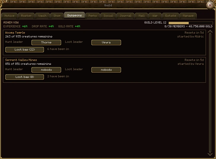The guild window's Dungeons tab with two runs: Wooma Temple, 263 of 935 creatures remaining, resets in 5 days, started by Aldric, hunt leader Thorne, loot leader Veyra, Loot bag (22), 6 have been in; and Serpent Valley Mines, 851 of 851, started by Veyra, both leaders nobody, Loot bag (0), 2 have been in.