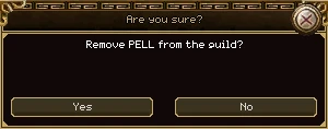 A box titled Are you sure? asking Remove PELL from the guild? with Yes and No buttons.