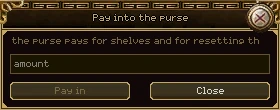 The Pay into the purse window: a line about what the purse pays for, an amount box, and Pay in and Close buttons.