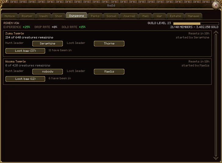 The Dungeons tab with two runs: Zuma Temple, 214 of 640 creatures remaining, resets in 18 hours, started by Seraphine, hunt leader Seraphine and loot leader Thorne, a Loot bag (37) button and 11 have been in; and Wooma Temple, 0 of 420 remaining, hunt leader nobody, loot leader Maelis, Loot bag (12), 6 have been in.