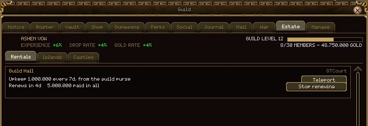 The Estate tab on its Rentals section, beside Islands and Castles: the Guild Hall with upkeep 1,000,000 every 7 days from the guild purse, renews in 4 days, 5,000,000 paid in all, with Teleport and Stop renewing buttons.
