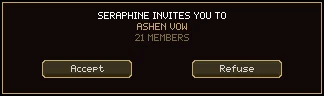 An invitation: Seraphine invites you to Ashen Vow, 21 members, with Accept and Refuse buttons.