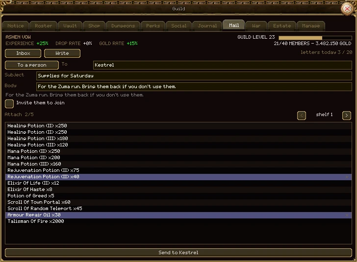 The Mail tab's Write half: a To a person button and the name Kestrel, a subject Supplies for Saturday, a message, an Invite them to join box, Attach 2/5 with a shelf picker on shelf 1, the shelf's items listed with two picked, and a Send to Kestrel button.