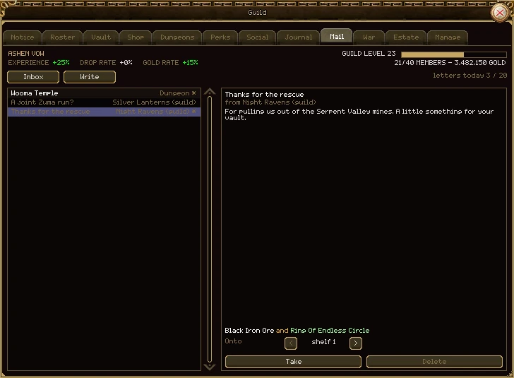 The Mail tab's Inbox: letters listed on the left (Wooma Temple from Dungeon, A joint Zuma run? from Silver Lanterns (guild), Thanks for the rescue from Night Ravens (guild)), and the last one open on the right with its message, the items it carries (Black Iron Ore and Ring of Endless Circle), a shelf picker reading Onto shelf 1, and Take and Delete buttons. Letters today 3 / 20 at the top.