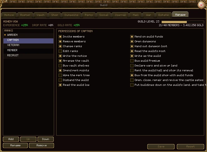 The Manage tab: a list of ranks on the left (Warden with a star, Captain picked, Veteran, Member, Recruit) with Add, Up, Down, Rename and Remove buttons, and on the right Permissions of Captain: two columns of tick boxes, some ticked. Save and Reset at the bottom right.