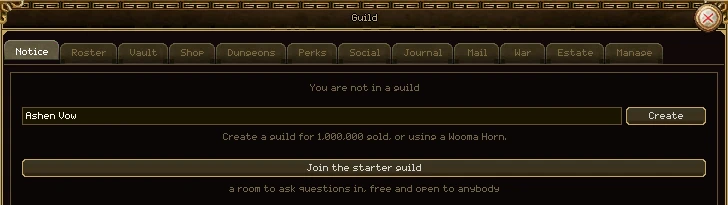 The guild window for a character in no guild: a box with the name Ashen Vow typed in it and a Create button, a line saying a guild costs 1,000,000 gold, and a Join the starter guild button.