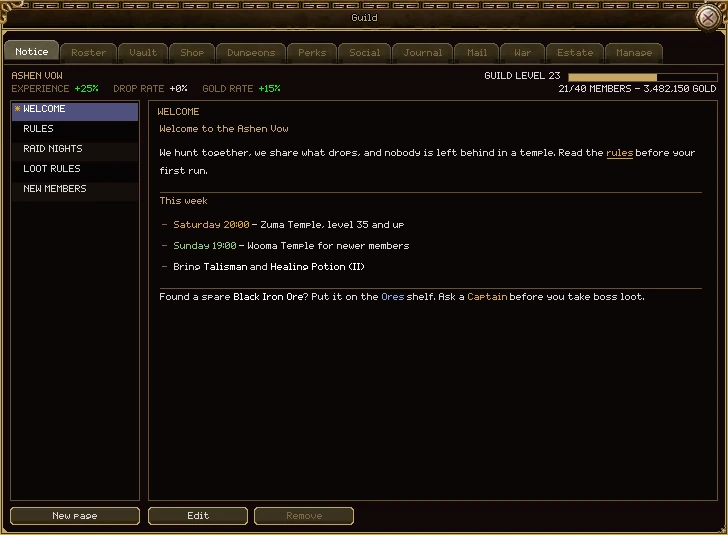The Notice tab: a list of pages down the left (Welcome, Rules, Raid nights, Loot rules, New members) and the Welcome page on the right with a heading, a paragraph with a link to the rules, a dividing line, a list of this week's raids with times in gold and green, and item names. New page, Edit and Remove buttons sit underneath.