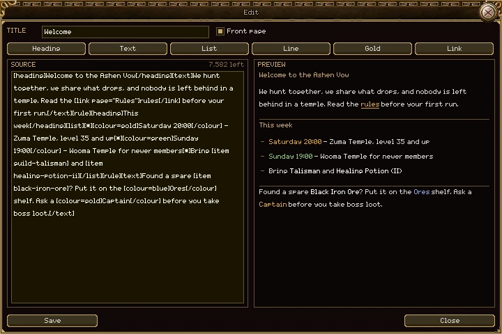 The page editor: a Title box reading Welcome and a ticked Front page box, a row of buttons (Heading, Text, List, Line, Gold, Link), the page's source on the left with its tags, 7,582 left, and on the right a preview of the page as it will look. Save and Close underneath.