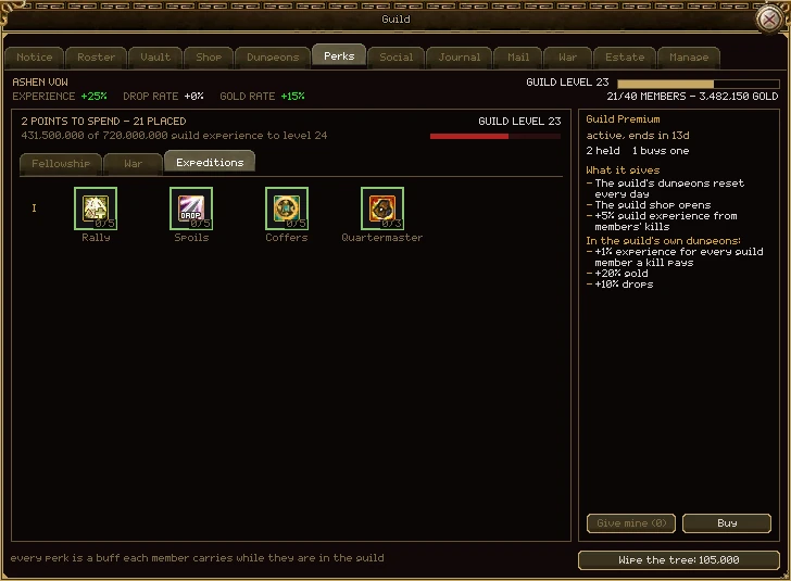 The Perks tab on Expeditions: Rally, Spoils, Coffers and Quartermaster, all with green edges and no points yet.