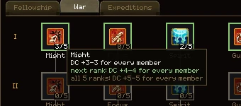 The tooltip over Might: DC +3-3 for every member, next rank DC +4-4 for every member, all 5 ranks DC +5-5 for every member.