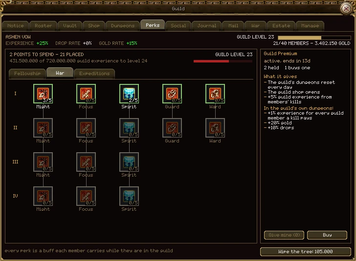 The Perks tab on War: Might 3/5, Focus 0/5, Spirit 2/5, Guard 0/5 and Ward 0/5 in tier I, all with green edges, and their higher tiers dimmed below.
