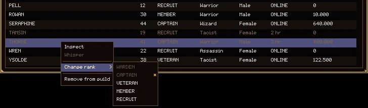 A member's row right-clicked: a menu with Inspect, Whisper (dimmed), Change rank and Remove from guild, and the Change rank submenu listing Warden and Captain dimmed (Captain ticked as their rank) and Veteran, Member and Recruit available.