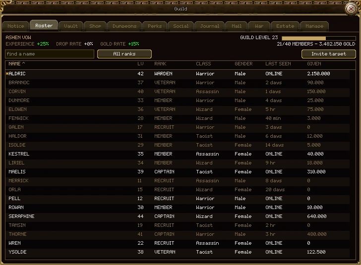 The Roster tab: a find-a-name box, an All ranks button and an Invite target button above a table of 21 members with columns Name, Lv, Rank, Class, Gender, Last seen and Given. Members who are online are bright and say ONLINE; the others are dimmed with how long ago they were last seen.