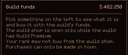 The shop's right-hand panel saying the guild shop is open only while the guild has Guild Premium, your rank may not buy from the guild shop, and purchases can only be made in town.