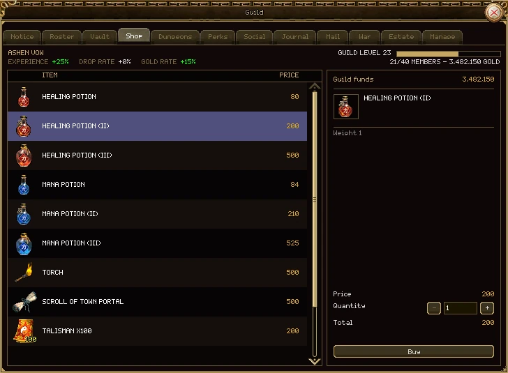 The Shop tab: a list of items with prices (Healing Potion 80, Healing Potion (II) 200, Healing Potion (III) 500, Mana Potion 84 and so on, Torch 500, Scroll of Town Portal 500, Talisman x100 200), with Healing Potion (II) picked. On the right: Guild funds 3,482,150, the item, its price, a quantity box with minus and plus, the total and a Buy button.