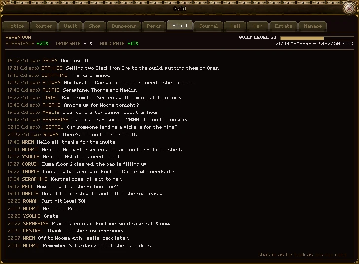 The Social tab: guild chat lines with the time on the left, older ones marked 1d ago, the speaker's name in gold and what they said, newest at the bottom, and a note that this is as far back as you may read.