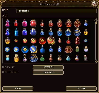 The Configure shelf window: a Name box reading Jewellery, a scrolling grid of item pictures to choose from, May put in set to Veteran and May take out set to Captain, and Save and Close buttons.