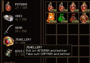 The pointer over the Jewellery shelf: a tooltip saying Put in: Veteran and better, Take out: Captain and better.