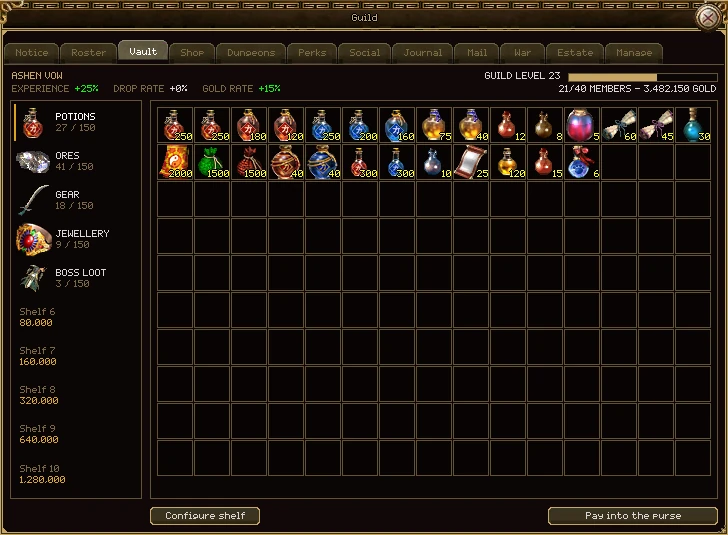 The Vault tab: shelves down the left (Potions 27 of 150, Ores 41 of 150, Gear, Jewellery, Boss loot, and Shelf 6 to Shelf 10 with their prices from 80,000 to 1,280,000), and the Potions shelf open on the right as a grid of fifteen by ten with stacks of potions, scrolls, talismans and poisons. Configure shelf and Pay into the purse buttons underneath.